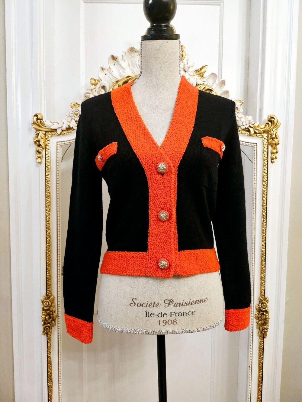 CHANEL FW 2019 Lion Jeweled Buttons Cardigan, Black/Red FR 34, US 2, NWT